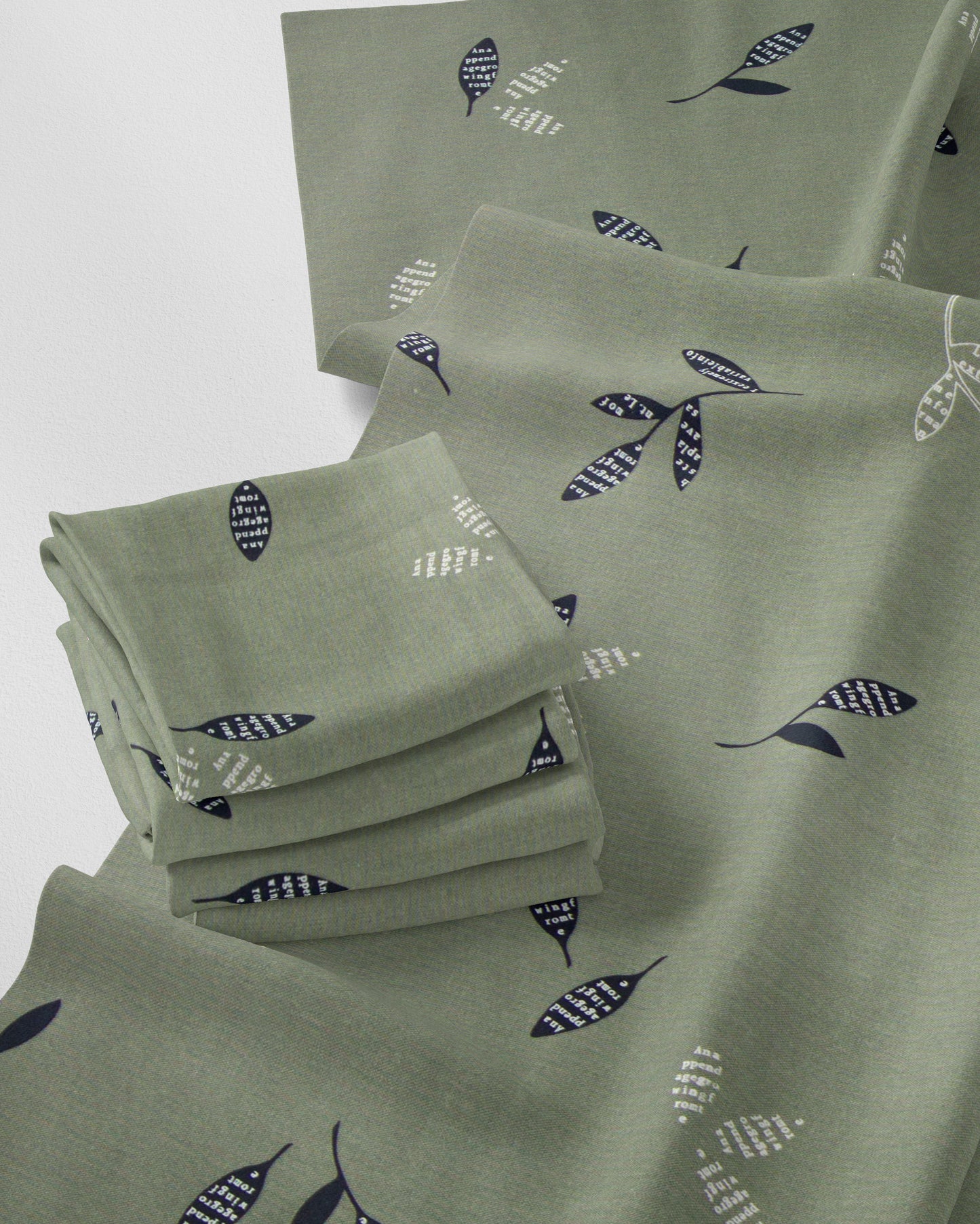 English green leaf writing print fabric